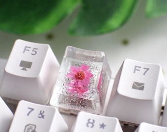 Transparent keycap pink floral key cap Esc, silver flower keyboard caps, accessory custom keycaps, handmade keyboard decoration