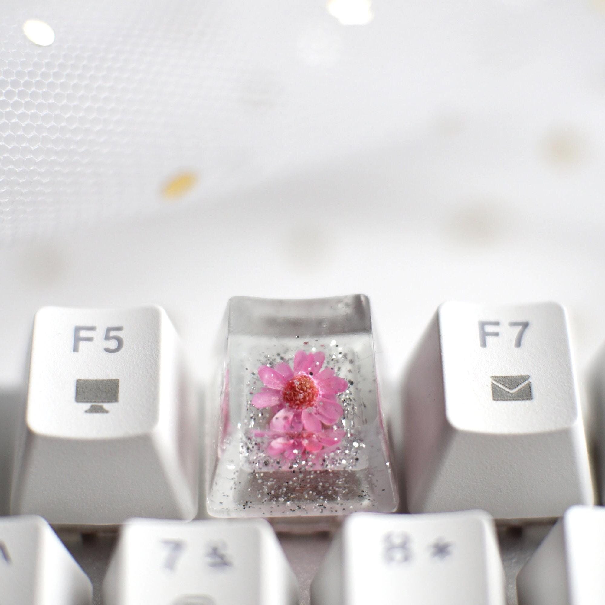 Transparent Keycap Pink Floral Key Cap Esc, Silver Flower Keyboard Caps ...
