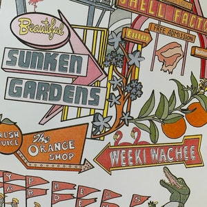 May include: A colorful illustration of a Florida tourist map with landmarks like "Silver Springs", "Shell Factory", "Sunken Gardens", "The Orange Shop", and "Weeki Wachee". The map features a pink flamingo, an alligator, and a palm tree.