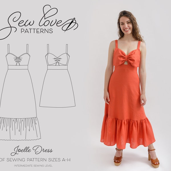 Sew Love Patterns, Joelle Dress Pdf Sewing Pattern - Maxi Dress with Frill Hem & Bow, Mini Dress with Bow