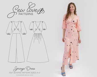 Sew Love Patterns, Springe Dress Pdf Sewing Pattern - Tea Dress with Big sleeves & Puff Sleeves