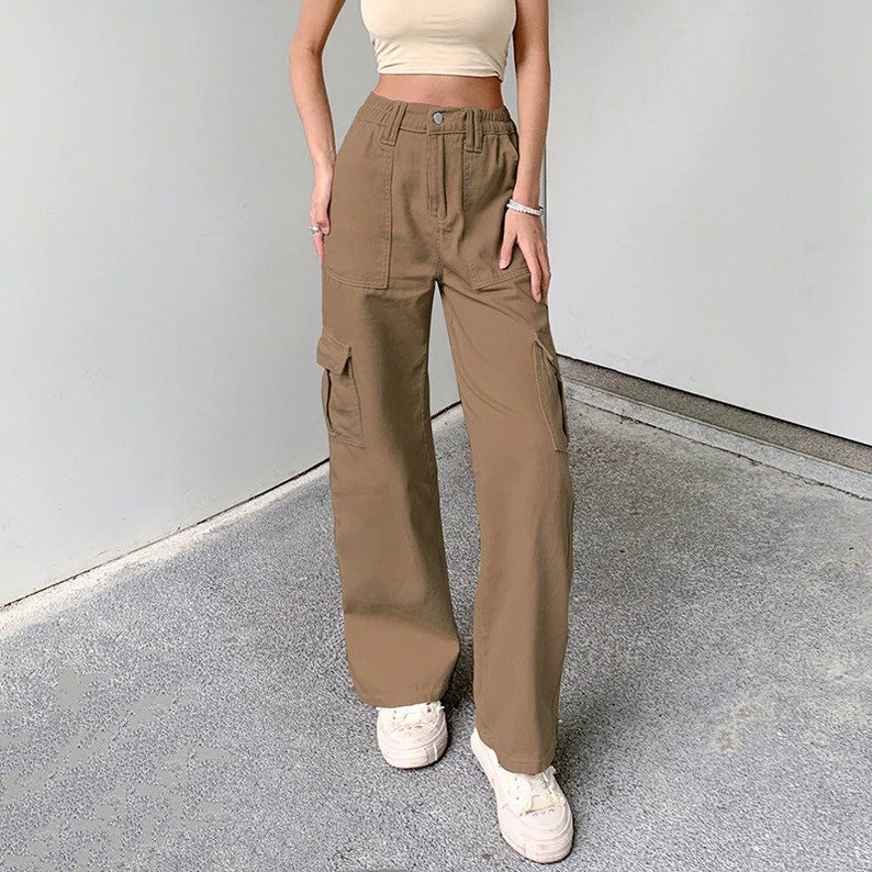 Women’s High Waist Baggy Cargo Pants – Y2K Wide Leg Denim Jeans With Flap Pockets, Beige, Loose Fit Streetwear - View #6