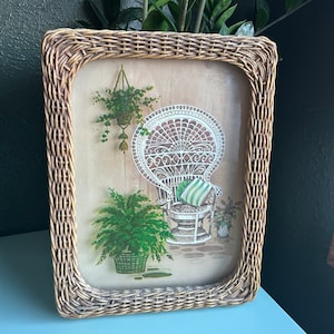 Vintage Peacock Chair Plant Print in Wicker-Look Frame