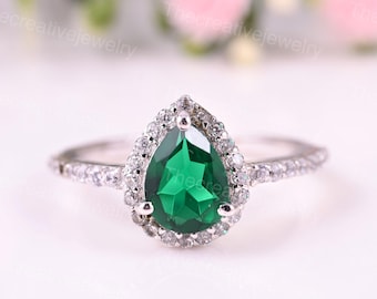 Emerald Pear Cut Ring 925 Sterling Silver Halo Engagement Bridal Green Gemstone Wedding Jewelry Gift
