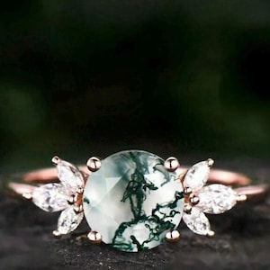 Moss Agate engagement ring round solid gold Ring unique Cluster kite cut green Agate moissanite wedding ring bridal ring anniversary gift