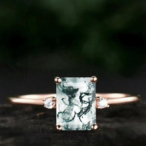 Emerald Natural Moss Agate Engagement Ring Solid Gold Ring Women Solitaire Gemstone Ring Promise Wedding Ring Anniversary ring gift for love