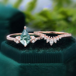 Vintage kite Cut Green Moss Agate Engagement Ring Set 14k Rose Gold Marquise/Round Cut CZ Ring For Women Unique Bridal Wedding Ring Set