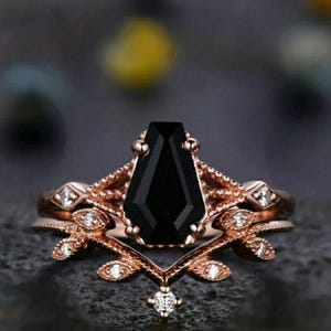 Coffin Shaped Black Onyx Engagement Ring Set Moon Ring Moissanite Wedding Band Black Onyx Gemstone Wedding Ring Set Halloween Jewelry ring