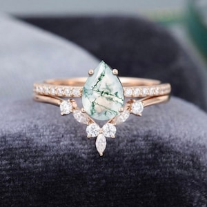 Pear Moss Agate Engagement Ring Set: Rose Gold Sterling Silver, Diamond Wedding