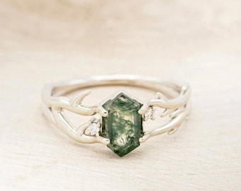 Hexagon Moss Agate Ring: 925 Sterling Silver Tree Branch Ring