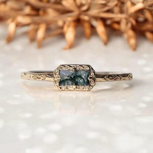 Green Moss Agate Wedding Band: Yellow Gold Leaf Design, Handmade Jewelry