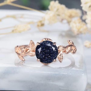 Round Leaf blue sandstone gemstone engagement ring 14k rose gold 925 silver ring statement ring promise ring birthday gift anniversary ring