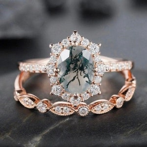 Vintage moss agate wedding ring set Oval Moss Agate engagement ring Art deco bridal promise ring Stacking matching band Sterling Silver