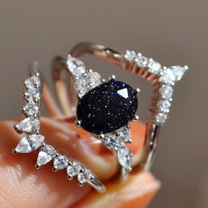 Vintage Oval Cut Blue Sandstone Triplet Wedding Ring Set, 14K Rose Gold Plated Wedding Ring, CZ Engagement Ring Set, Unique Anniversary Ring