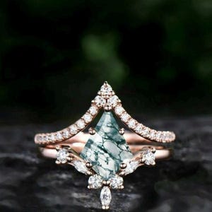 kite cut moss agate engagement ring set 14k rose gold art deco wedding ring set moissanite ring women fine jewelry Anniversary ring for her