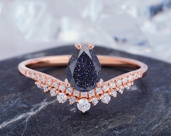 Blue Sandstone Pear Cut Ring, 925 Sterling Silver Halo Engagement Ring, Celestial Gemstone Bridal Jewelry Gift