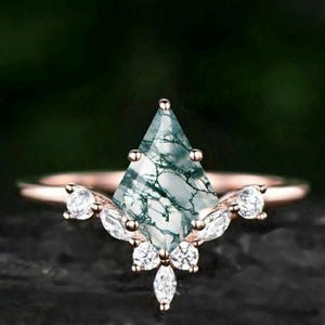 Kite cut Moss Agate engagement ring set 14k rose gold  moissanite wedding ring art deco bridal set Promise ring Valentine day gift
