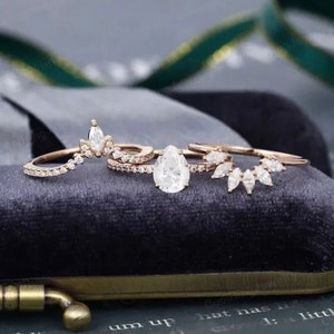 Pear Moissanite Engagement Ring Set: Rose Gold Art Deco Bridal Rings