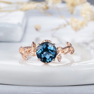 Nature Inspired London Blue Topaz Engagement Ring, Solitaire Blue Topaz Promise Ring, Vine Leaf Vintage Ring, Blue Gemstone Promise Ring