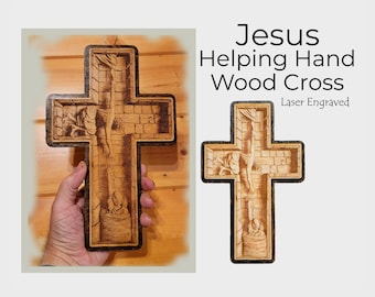 Wood Cross, Jesus Helping Hand - Engraved