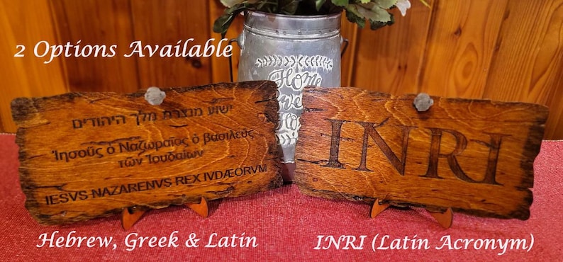INRI Crucifixion Sign – Wooden Replica with Hebrew, Greek, Latin Inscription image 2