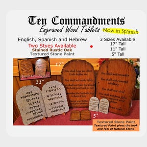 Ten Commandments Set, English, Spanish or Hebrew, Engraved Wood Tablets, Decor