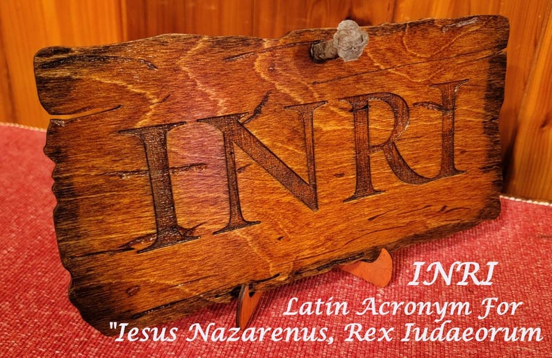INRI Crucifixion Sign – Wooden Replica with Hebrew, Greek, Latin Inscription INRI (Latin Acronym)
