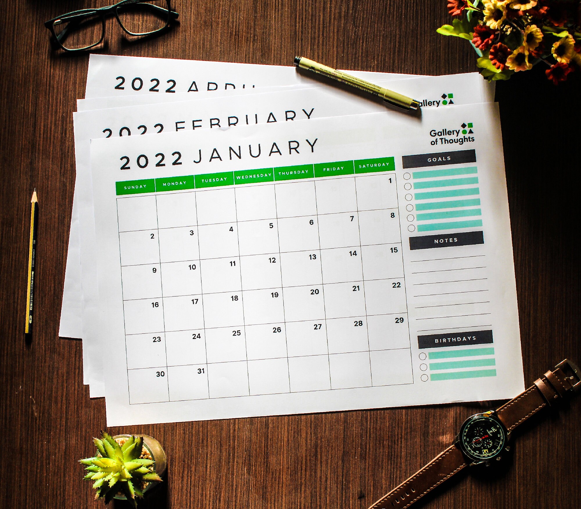 2022 yearly monthly calendar printable calendar year and etsy