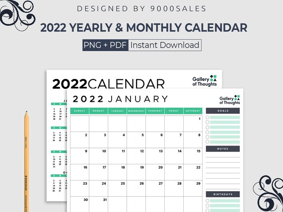 2022 yearly monthly calendar printable calendar year and etsy