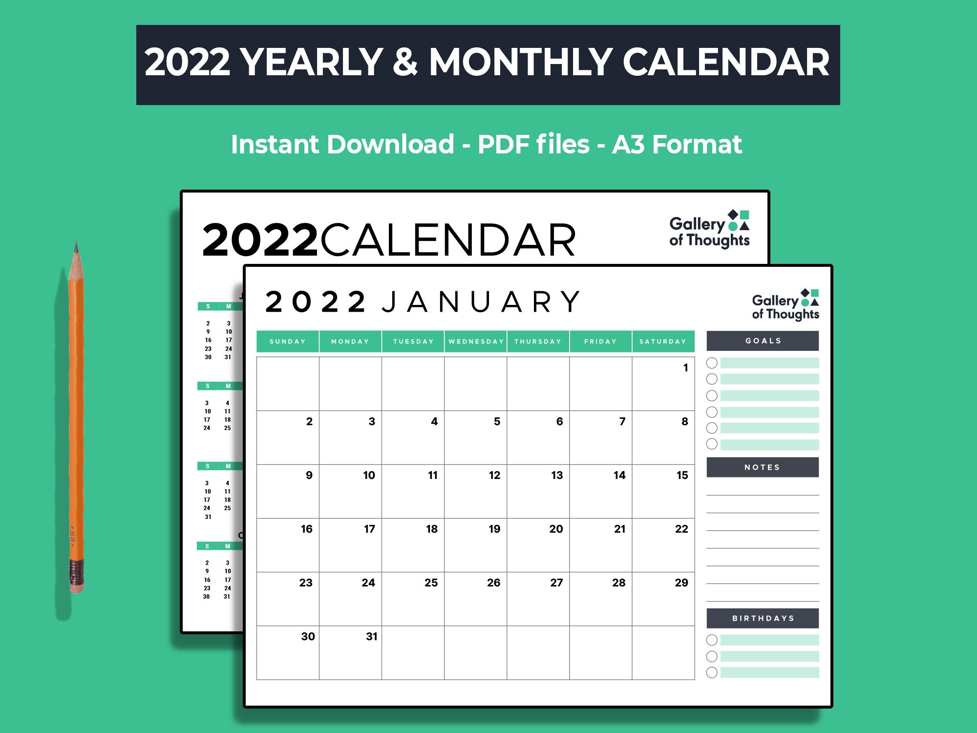 2022 yearly monthly calendar printable calendar year and etsy
