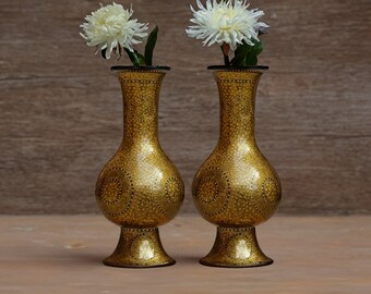 Papier Mache Vase Pair - 16" Tall with Gold Chinar Leaf Painting, Perfect for Bedroom Decor or Wedding Gift