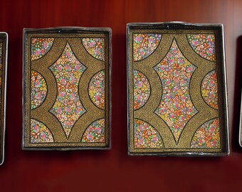 Handcrafted Wooden Serving Tray Set with Kashmiri Paper Mache Artwork 2 Pieces Set, Larger Piece 40cm x 30cm