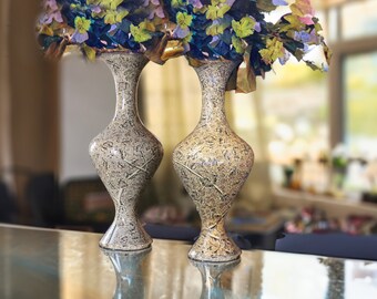 Handmade Paper Mache Flower Vases Set with Gold Painted Finish (Sold as a Pair)