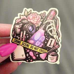 May include: A sticker featuring a crime scene investigation theme with a camera, a flashlight illuminating a footprint, a skeleton hand, a notepad, a brush, a jar labeled FINGERPRINT POWDER, and yellow tape reading CRIME SCENE DO NOT CROSS.
