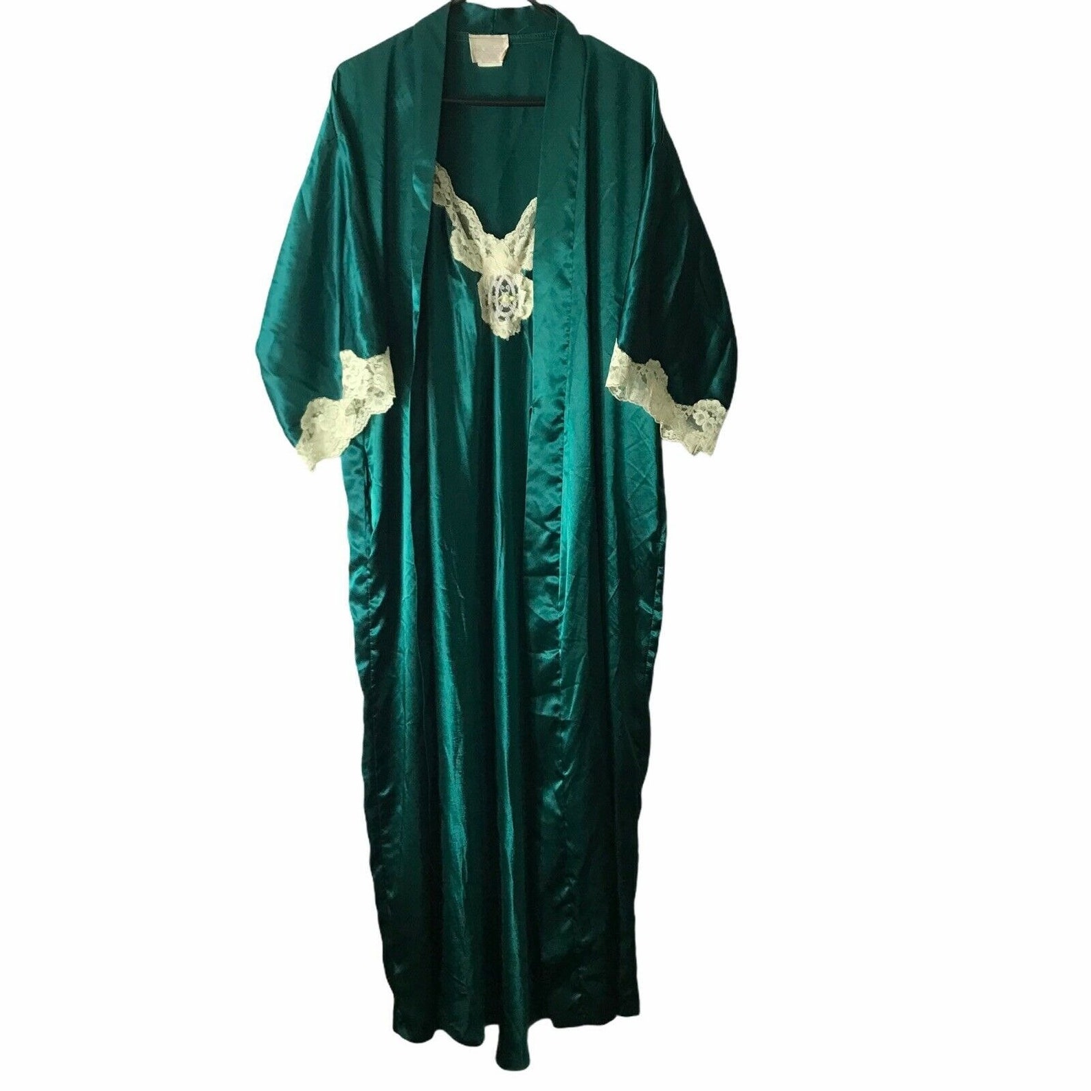 California Dynasty Satin Robe & Gown Set Green Ivory Lace Size Etsy