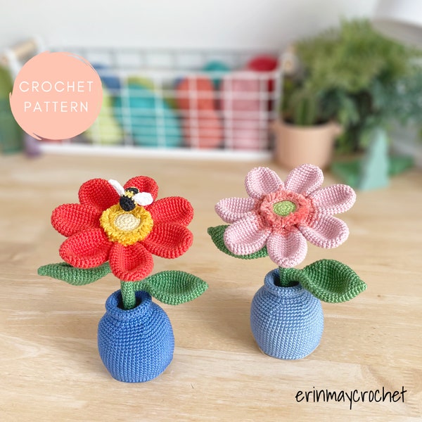 Crochet Flower Pattern, Amigurumi Flower Pattern, Bumble Blossom Dahlia Amigurumi Crochet Pattern by erinmaycrochet - pot, plant, garden