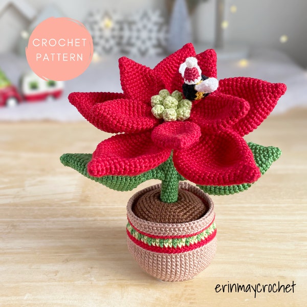 erinmaycrochet, motif fleurs au crochet, motifs fleurs amigurumi, poinsettia de Noël bourdons, décoration, plantes, pots