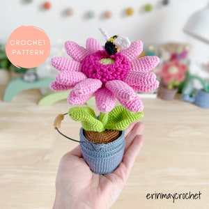 Crochet Flower Pattern, Amigurumi Flower Pattern, Bumble Blossom Gerber Daisy Amigurumi Crochet Pattern by erinmaycrochet - PDF, pot, bee