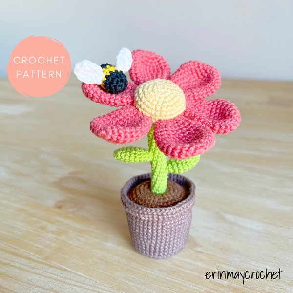 Crochet Flower Pattern, Amigurumi Flower Pattern, Bumble Blossom Amigurumi Crochet Pattern by erinmaycrochet, plant, pot, bee, interactive