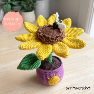 Crochet Flower Pattern, Amigurumi Flower Pattern, Bumble Blossom Sunflower Amigurumi Crochet Pattern by erinmaycrochet pot, bee, interactive