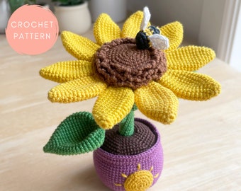 Häkelblumen Muster, Amigurumi Blumenmuster, Bumble Blossom Sunflower Amigurumi Häkelanleitung von erinmaycrochet topf, bee, interaktiv