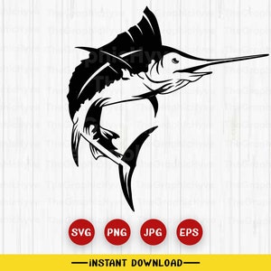 以下が含まれることがあります： 水から飛び出すマルリンの魚を黒と白のシルエットで描いたものです。魚は右を向いており、長く尖ったくちばしを持っています。画像は白い木目調の背景に描かれています。SVG、PNG、JPG、EPSファイル形式でダウンロードできます。