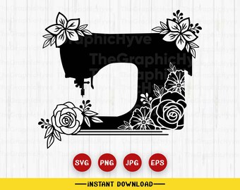 Arquivo SVG de máquina de costura floral, arquivo de corte SVG de máquina de costura para Cricut, costura svg, máquina de costura com flores svg, artesanato svg png jpeg eps