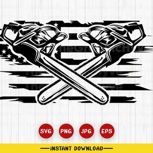May include: Black and white silhouette of two chainsaws crossed over a distressed American flag design. The chainsaws are facing opposite directions. The design is perfect for a patriotic themed graphic.