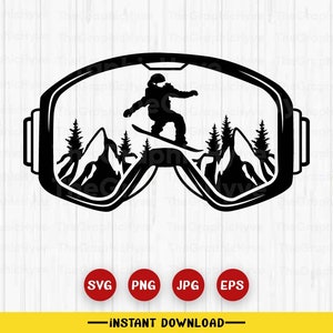 Könnte beinhalten: Schwarz-weiße Silhouette eines Snowboarders in einem Ski-Brille-Design. Das Brillen-Design zeigt eine Bergszene mit Bäumen und einem Snowboarder in der Mitte.