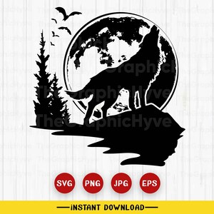 Puede incluir: Silueta en blanco y negro de un lobo aullando a la luna. El lobo está de pie en una colina con árboles en el fondo. La luna está llena y redonda.