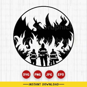 May include: Black and white silhouette of three firefighters standing in front of a large fire. The firefighters are wearing helmets and holding hoses. The fire is depicted as a large, swirling flame.