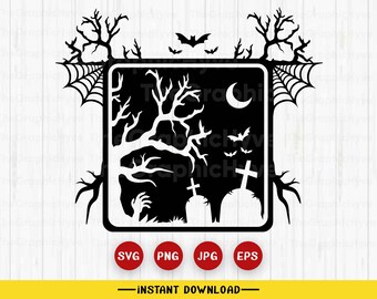May include: Black and white silhouette design of a spooky graveyard scene with a tree, bats, a crescent moon, and two tombstones. The design is framed by a spiderweb and branches.