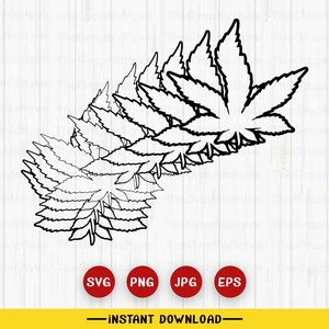 May include: Black and white line art illustration of a series of overlapping marijuana leaves.