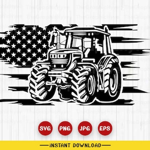 May include: Black and white silhouette of a tractor driving over a distressed American flag. The tractor has large wheels and a cab with a driver inside. The flag is faded and has a grunge effect.